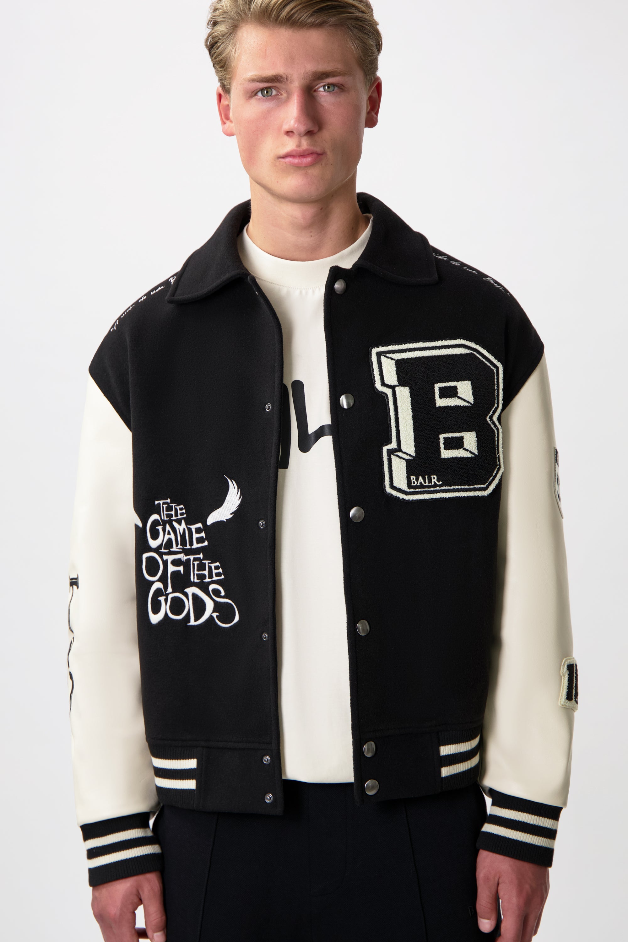 GAME OF THE GODS GRAFFITI BOX FIT VARSITY JACKET-Jet Black